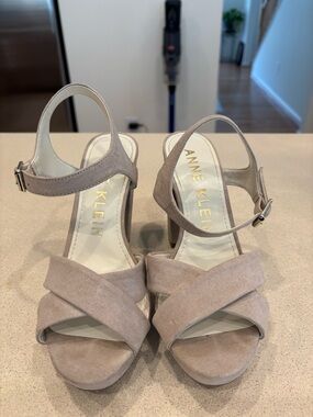Anne Klein Taupe Suede Cross-Strap Block Heels